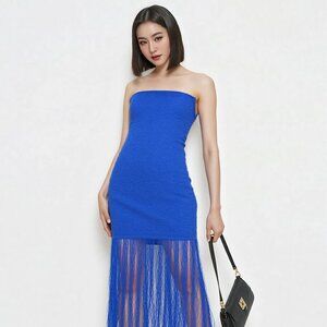 NWT WOW CULTURE Royal Blue Fringe Halter Dress, Size S (BB1327)